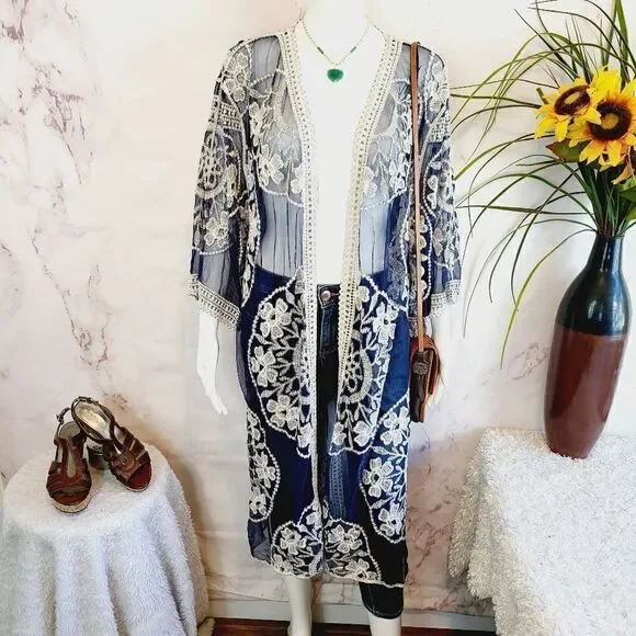Super cute long embroidered kimono cover up - Picture 1 of 6